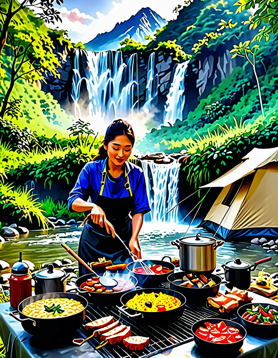 a women cooking food with eagg and grill bqq, background river forest waterfall and mountain with tent, realistic photo