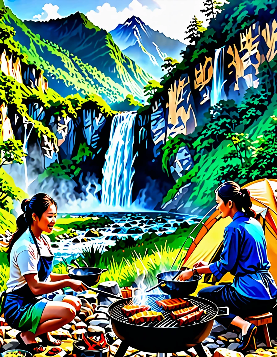 a women cooking food with eagg and grill bqq, background river forest waterfall and mountain with tent, realistic photo