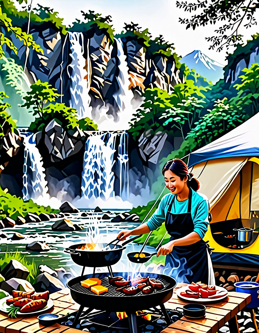 a women cooking food with eagg and grill bqq, background river forest waterfall and mountain with tent, realistic photo