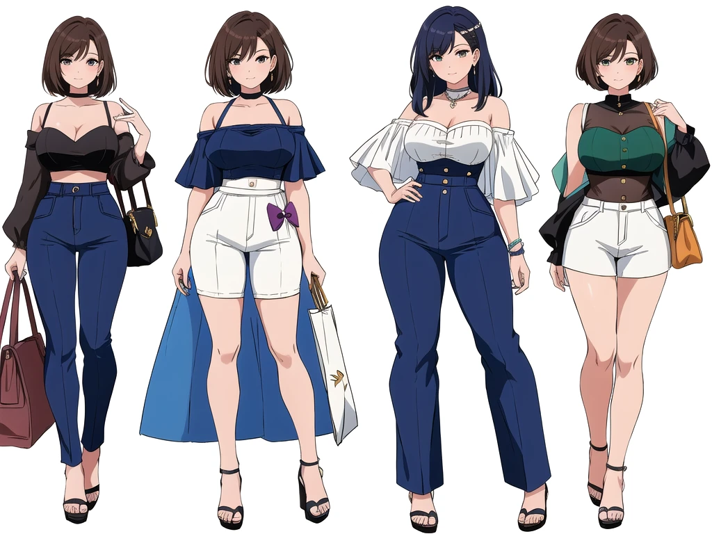(((Best Quality))) , ((full body)), 4 lady, adult woman, multiple views, (((white background,))) variety of hairstyles, variety of fashion styles, seductive pose, fashionable and trendy atmosphere, holding bag, summer outfits, walk pose, dark blue/dark orange/dark green/dark violet/brown/white, short pants, bustier,