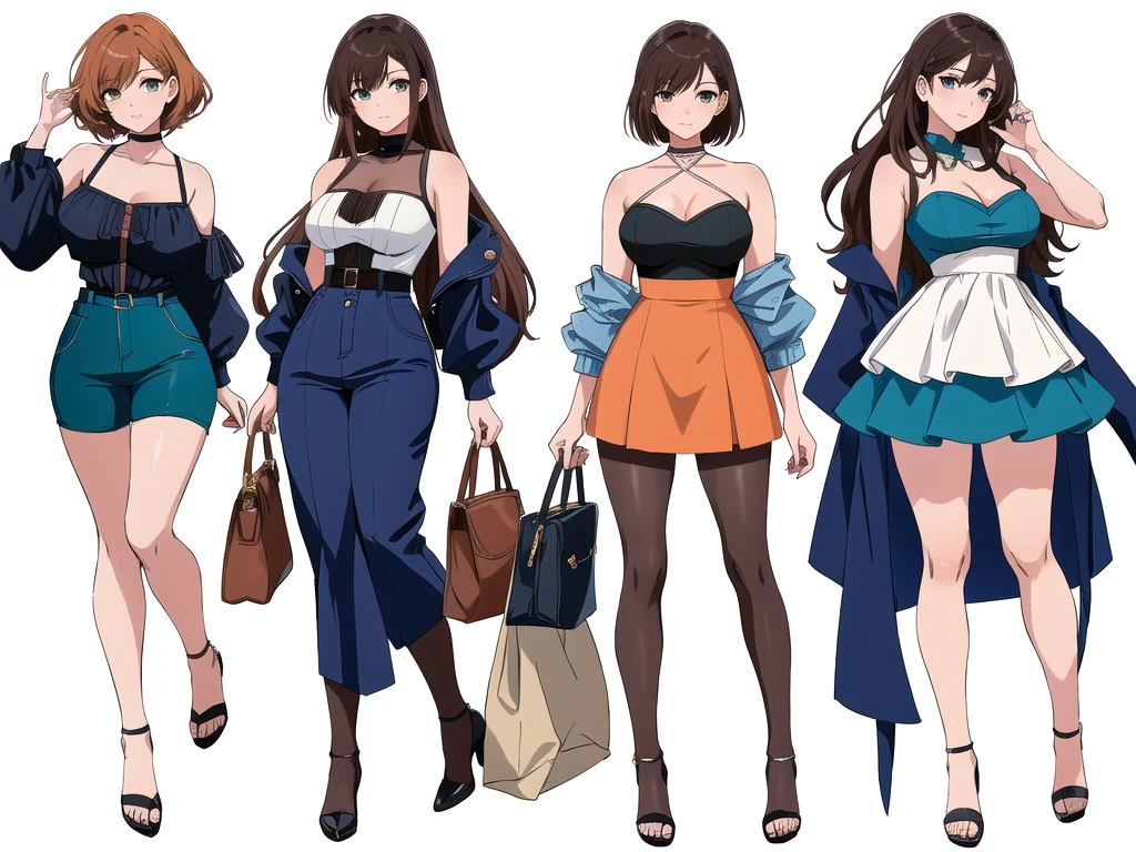 (((Best Quality))) , ((full body)), 4 lady, adult woman, multiple views, (((white background,))) variety of hairstyles, variety of fashion styles, seductive pose, fashionable and trendy atmosphere, holding bag, summer outfits, walk pose, dark blue/dark orange/dark green/dark violet/brown/white, short pants, bustier,