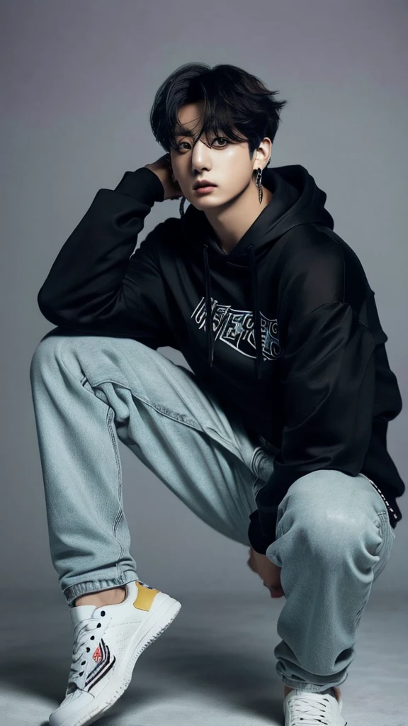 Jungkook from bts , full body , long medium Curly hair , wolfcut hairstylist, wearing black Hoodie and jeans ,photorrealistic, ultrahd, 8K