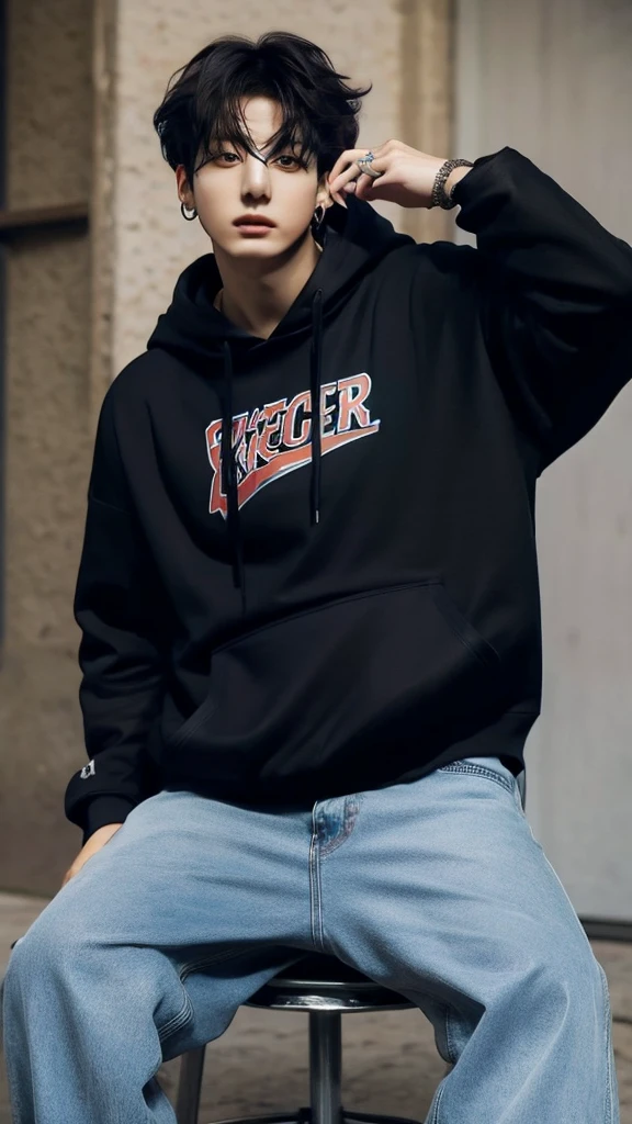 Jungkook from bts , full body , long medium Curly hair , wolfcut hairstylist, wearing black Hoodie and jeans ,photorrealistic, ultrahd, 8K