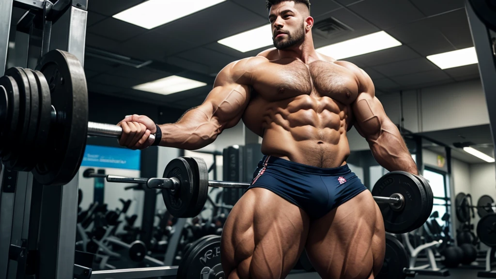 A standing bodybuilder showing his huge thights in a gym ambient