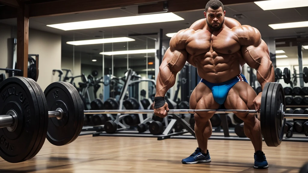 A standing bodybuilder showing his huge thights in a gym ambient