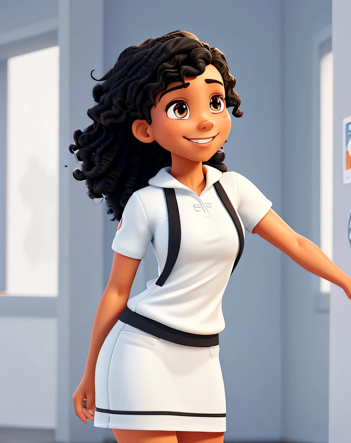 A 35-year-old woman with fair skin and slightly curly black hair, radiating a genuine smile, is posed against a pristine white background. Clad in a crisp white fitness outfit, complete with a red apron, the woman showcases her muscular physique, a testament to her dedication to fitness. This captivating image, reminiscent of a humorous meme, is entitled "The Fitness Meme." The high-quality, detailed digital art boasts sharp focus, vibrant colors, and a cinematic lighting effect that adds depth and realism to the scene. Eyeing the camera, enjoy this masterpiece of cartoon digital painting, meticulously crafted using the Anime style.