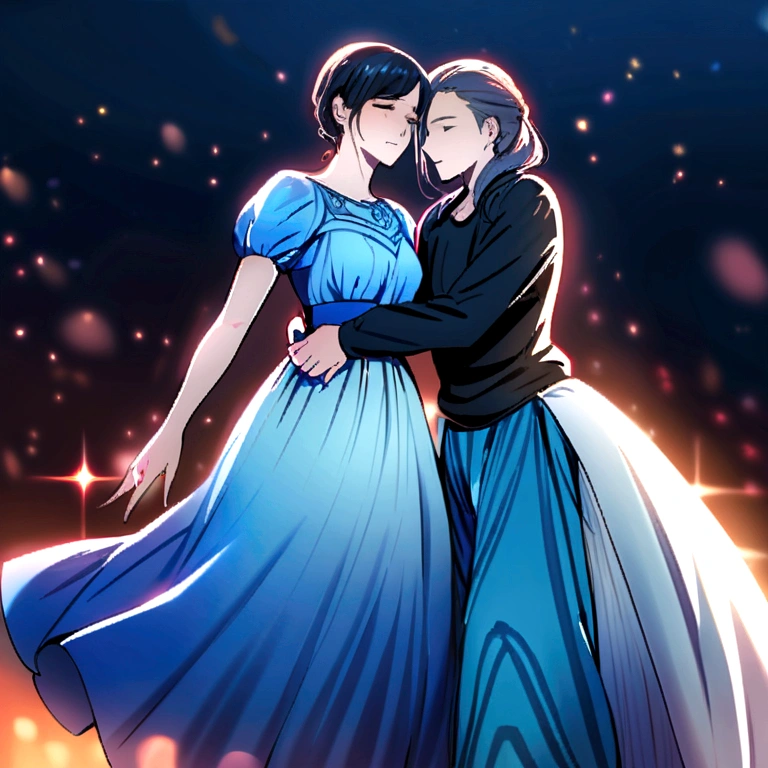 Woman with black hair, wearing light blue blouse and white pants, carrying a girl dressed in Ana&#39;s costume from the movie Frozen. Together with a man in a black sweatshirt with blue pants, carrying a girl wearing an Elsa costume from the movie Frozen. Everyone is at a Frozen-themed birthday party..