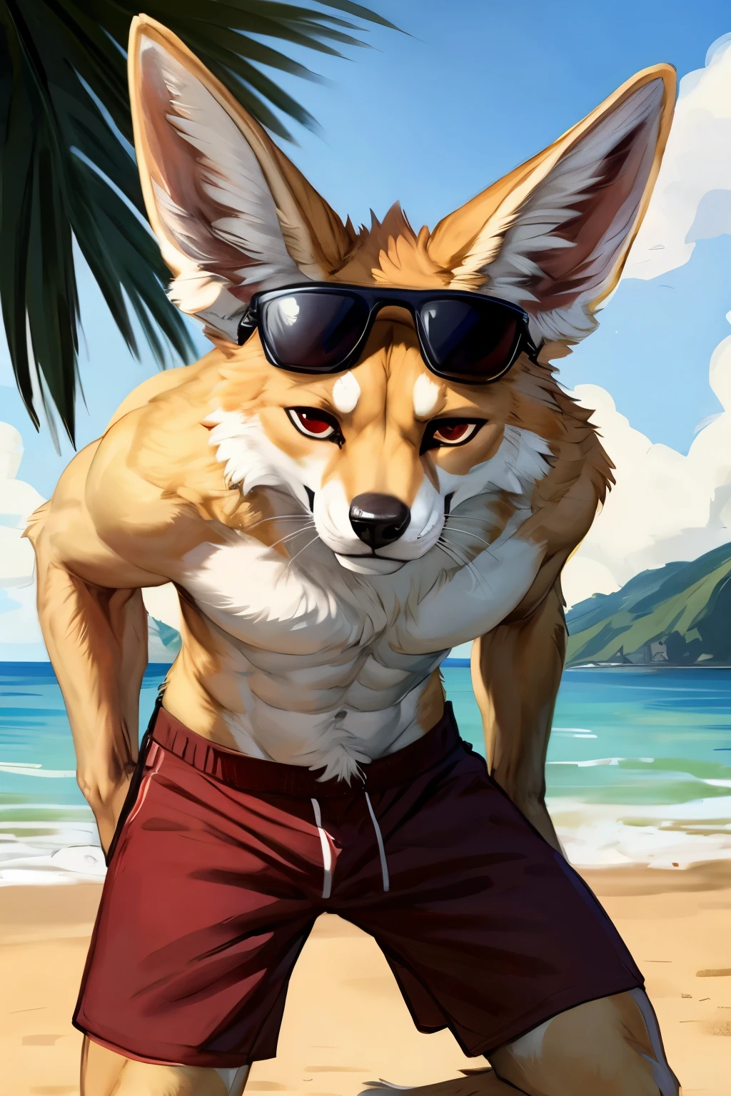 (solo, furry, anthro, hyper realistic, realistic fur), male, front view, muscular body, Fennec, smug, smirk, head tilted, bending down, wearing (((dark red colored))) boxer shorts, black sunglasses on head, standing upright, legs wide apart, beach, blurred background, by bebebebebe:1.2, by buta99,by foxovh, by ruan jia