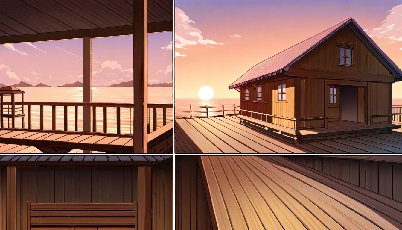 桟橋の端に茅葺きのHutが2つあります, near a jetty,Sunset Background Paradise, A nice quiet day, Extensive and complete planning, Angle from below, Wooden pier and houses, Hut, Fully covered, Small Dock, Low resolution, Version 3, Advertising images, Beautiful sunset, 8K!!, Nice views, A wonderful masterpiece