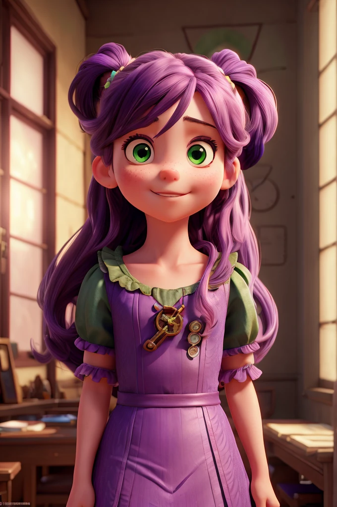 a girl, long purple hair, two pig tail, big green eyes, close up, steampunk dress, in clock room, light smile, ray tracing, reflection light, glowing light, Canon, Fujifilm, from above, Ultra-Wide Angle, bust chart, 16k, 8k, highres, best quality, award winning, high details, high quality, super detail, textured skin, anatomically correct, masterpiece, UHD