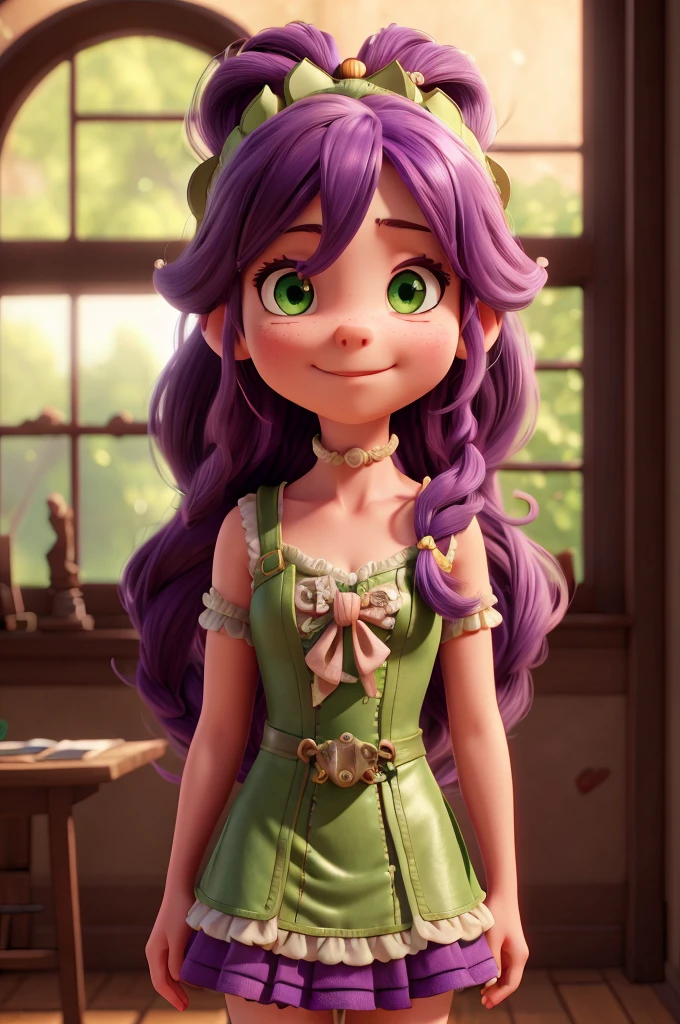 a girl, long purple hair, two pig tail, big green eyes, close up, steampunk dress, in clock room, light smile, ray tracing, reflection light, glowing light, Canon, Fujifilm, from above, Ultra-Wide Angle, bust chart, 16k, 8k, highres, best quality, award winning, high details, high quality, super detail, textured skin, anatomically correct, masterpiece, UHD