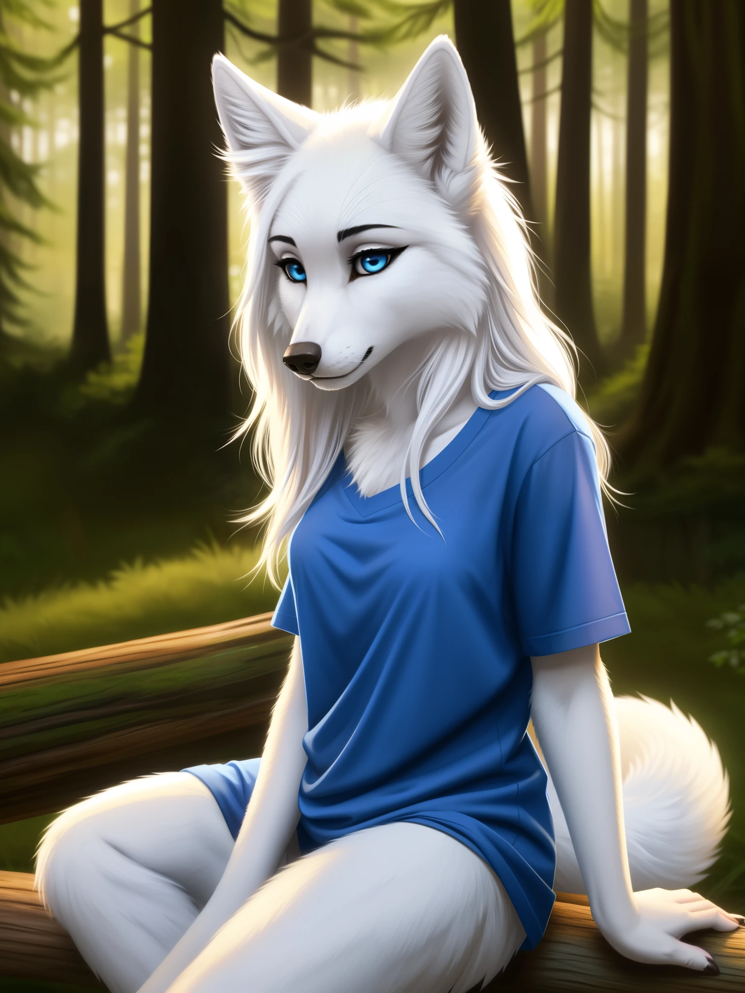 Posing, sitting on log, Female, 30 years old, cute, eyeliner, long hair, sad, blue shirt, bedroom eyes, anthro, wolf ears, (white fur:1.5), baggy shirt, wolf, forest background, 8k, hi res, (best quality, masterpiece), blue eyes