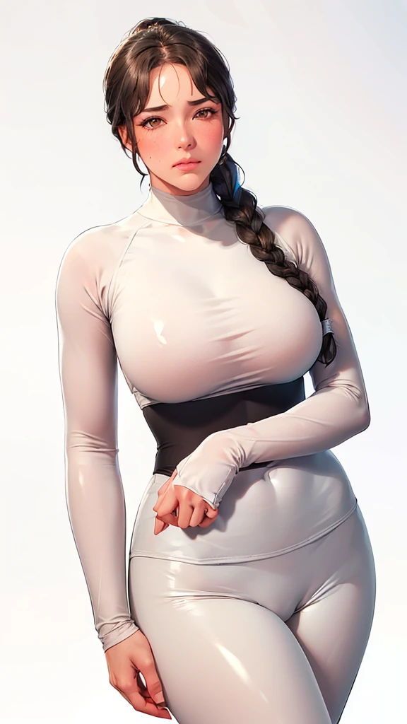 (（（Perfect body,White and tender skin,（（（Black yoga suit, long sleeved yoga suit, yoga pants）））,（（（brown eyes, braid, long hair, braided ponytail, single braid, hair over shoulder, bangs, blush, lips）））,((masterpiece)),highres,((Best quality at best)),masterpiece,quality,Best quality,(（（ Exquisite facial features,Looking at the audience,There is light in the eyes,(（（frown，blush））），）））,（（（Light and shadow,Huge breasts,）））,（（（Looking at the camera,White background)））)