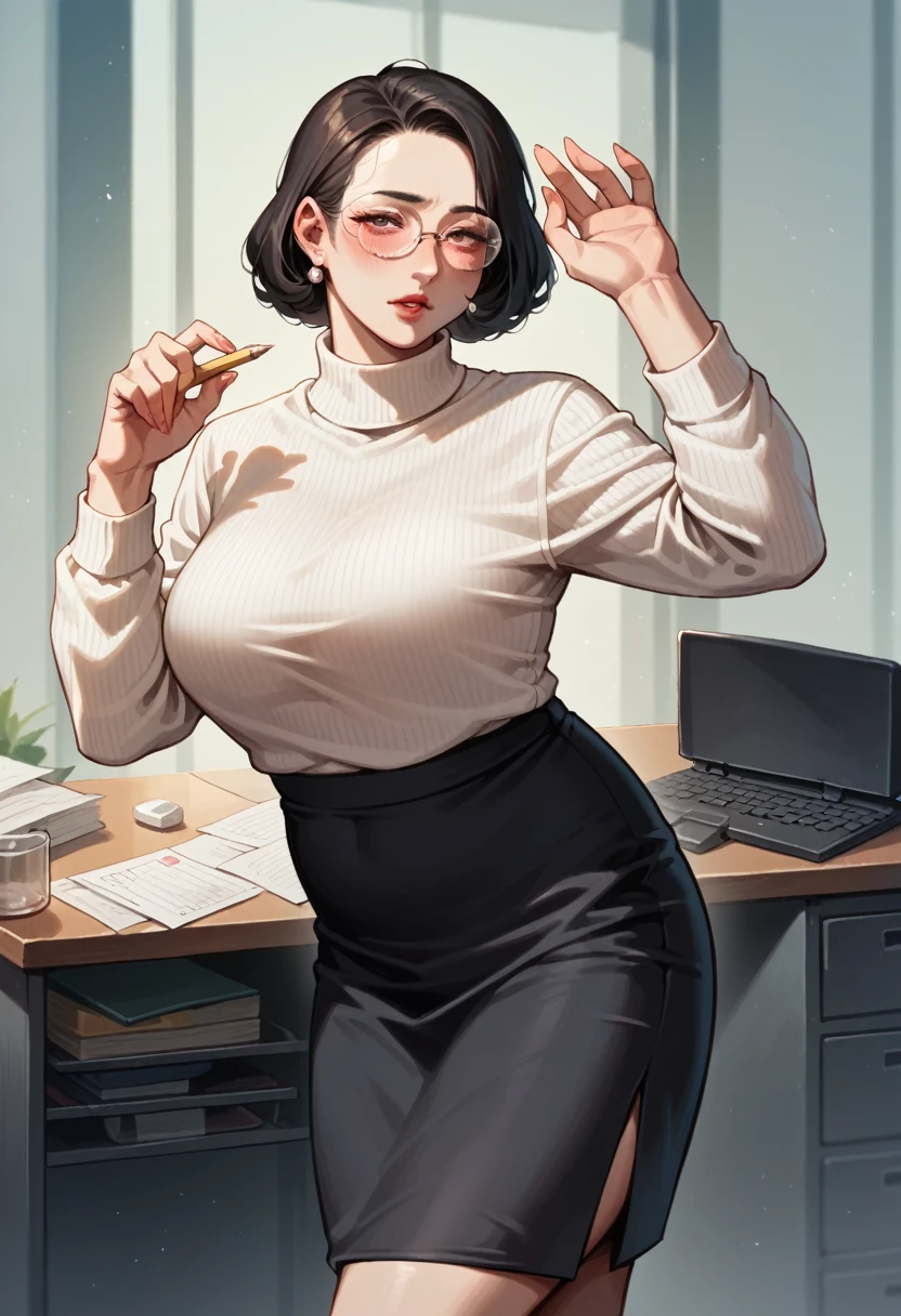 (mature woman), blush, lust, skin fair, Sweater shirt, Long pencil skirt, wearing glasses, short black hair, beautiful  face, 가슴, sensuous, highest quallity,standing pose, (fund: In front of the office desk)