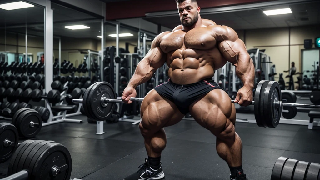 A standing bodybuilder showing his huge thights in a gym ambient