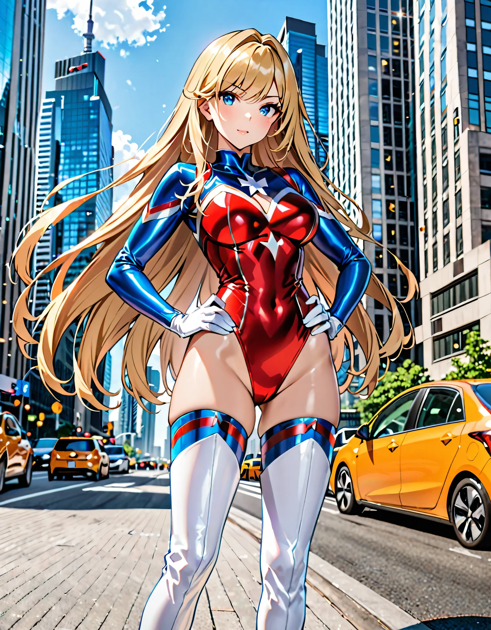 (masterpiece), (best quality), (high res), solo, solo focus, 1girl, belt, blonde hair, blue eyes, breasts, building, city, gloves, hand on hip, highleg, medium breasts, leotard, white and red leotard, long hair, looking at viewer, outdoors, skyscraper, thighhighs, thigh-high boots, white gloves, white boots. toronto backdrop, cowboy shot, full body costume design. superhero, floating