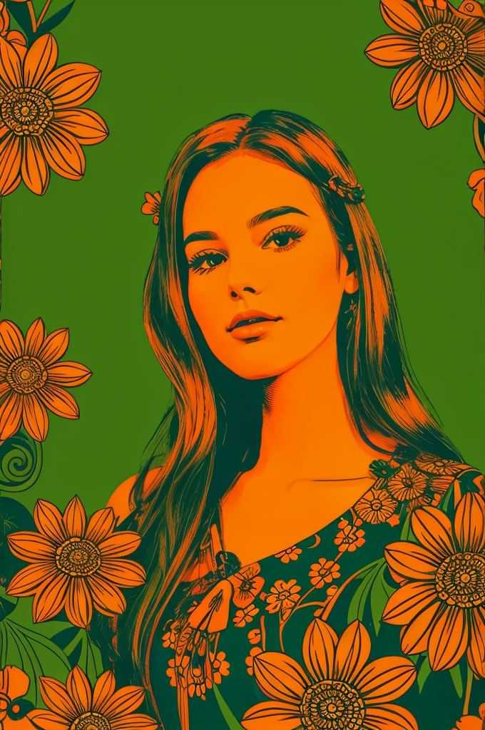Retro groovy hippie pattern with orange flowers on a green background.