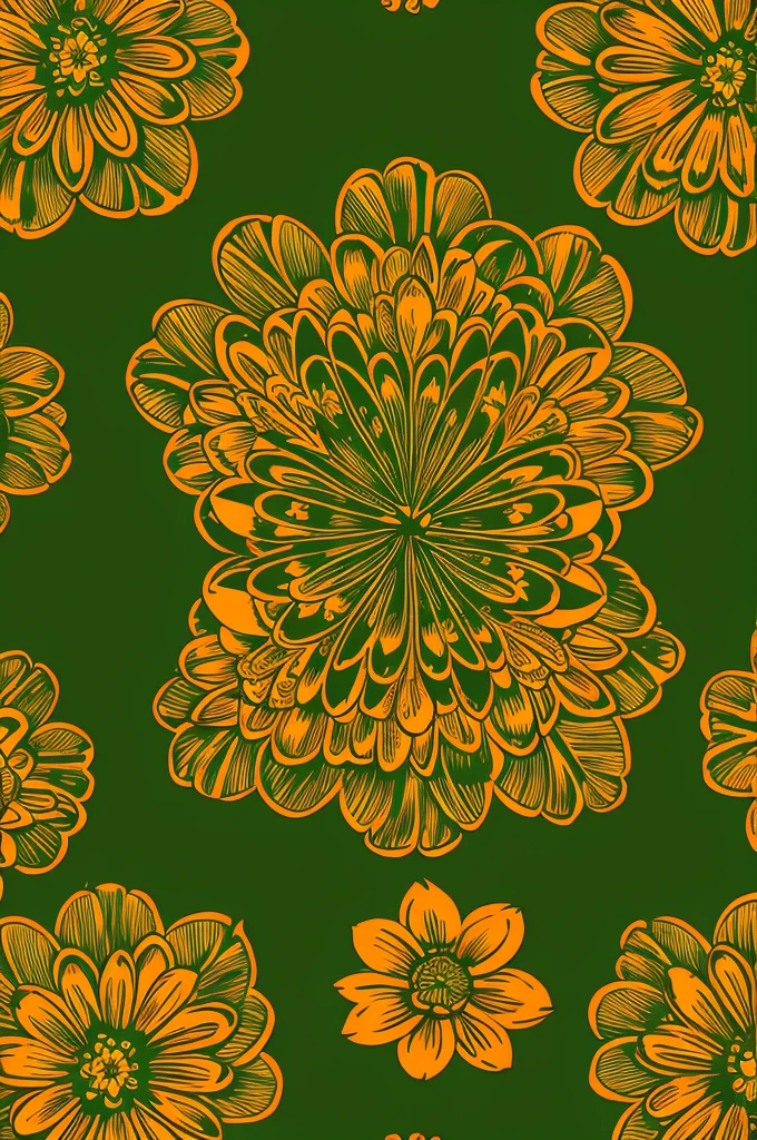 Retro groovy hippie pattern with orange flowers on a green background.