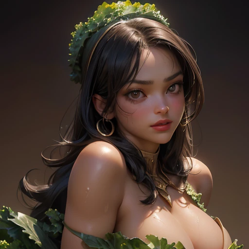 Illustrations similar to the work of Frank Frazetta, Portrays a woman( (Aesthetic representation of Michelle Rodriguez as Leticia "Letty" Ortiz),(Kale:1.5), with fierce armor,((breasts showing,without bra)(important)), (chest neckline:1.2),Sensual and perfect body curves(A fat chest),(beautiful  face:1.2), (sweat,warmth,oily body),Sexy water snake waist,Sensation of sexy peach skin on the buttocks,light skin texture(Advanced skin details:1.1), camel toe, (camel toe details),perfect supermodel face,Sensual red lips,charming smile,The exquisite facial features in thumb.Perfect Goddess,Works of exquisite and intricate detail,finest masterpiece,bold and intense colors,determinate expression, (best qualityer:1.4), realisitic, dramatic lighting, Epic Atmosphere - V 5 - Style 1000, (subtle nudity:1.1)