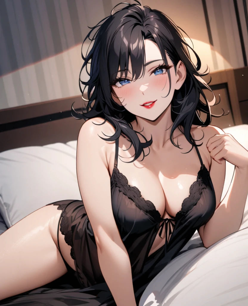 Mature woman, perfect eyes, long black hair, messy hair, blue eyes, medium breasts, blacked nightgown, lying in the bed, sleepy look, sexy woman, clevage, red lips, cute pose, in the bedroom, sexy smile, beauty.