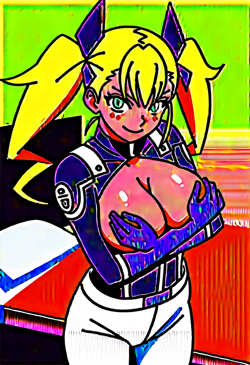 score_9, score_8_up, score_7_up, score_6_up, score_5_up, score_4_up, source_anime, anime screencap, anime coloring, kikoru, 1girl, blonde hair, twintails, green eyes, hair ribbon, black ribbon, bangs, bodysuit, armor, upper body, smile, room, bed, indoors, blush, grab breasts, holding breasts, cleavage, looking at viewer, undressing,