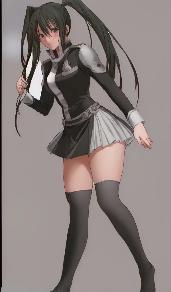 Beautiful-legged twin-tailed Lenalee is standing blushing in a miniskirt uniform and knee-high socks.。