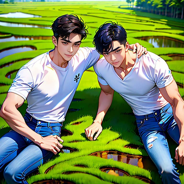 2 men, smile, (Wear a white round neck shirt., short sleeve shirt ยี่ห้อ under armor), (Jeans), (Korean guy) , 23 years old handsome korean men, (Lifelike lighting),  looking at the audience, Balancing the eyeake eye contact), (rice paddies), (ทุ่งrice paddies) , sit in the shade 