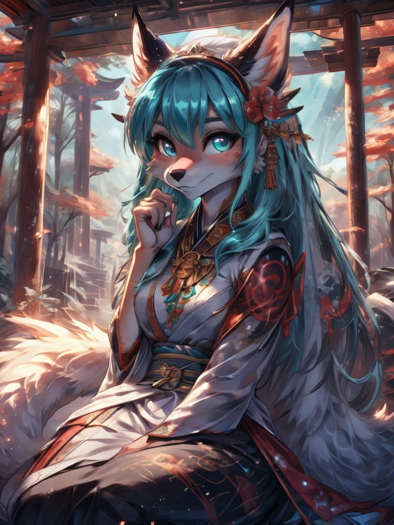 Miku Hatsune x vixen high definition add_detail:1, blue fur,kitsune ears, tribal tattoo add_detail:1, pretty girl add_detail:1, feudal priestess clothing add_detail:1, japanese shrine landscape add_detail:1, japanese shrine costume add_detail:1, add_detail:1, full body add_detail, highly detailed face, deep aqua iris add_detail:1, mistical and divine space crature