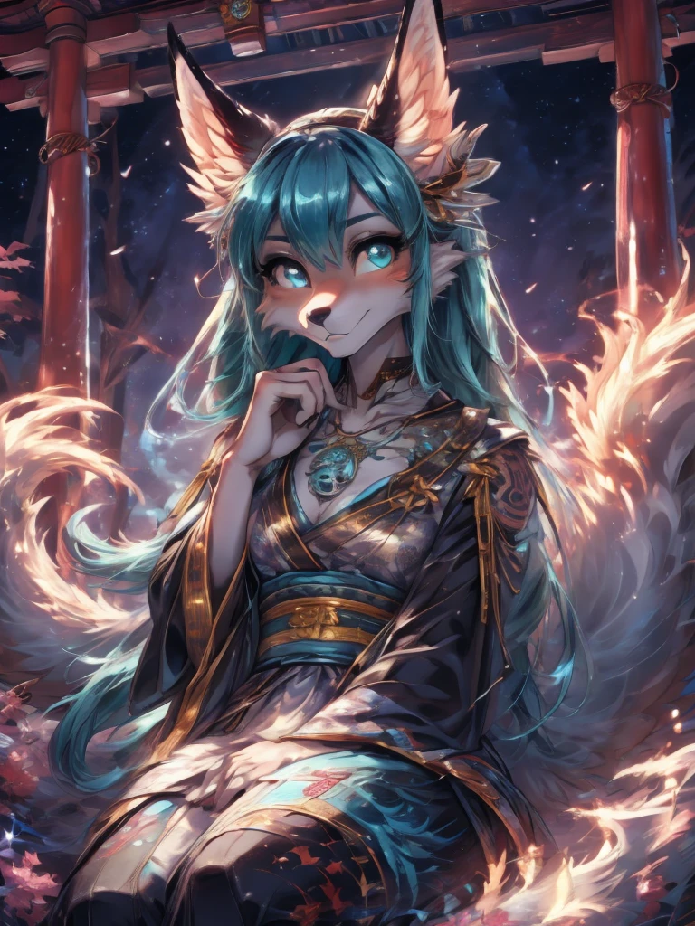 Miku Hatsune x vixen high definition add_detail:1, blue fur,kitsune ears, tribal tattoo add_detail:1, pretty girl add_detail:1, feudal priestess clothing add_detail:1, japanese shrine landscape add_detail:1, japanese shrine costume add_detail:1, add_detail:1, full body add_detail, highly detailed face, deep aqua iris add_detail:1, mistical and divine space crature
