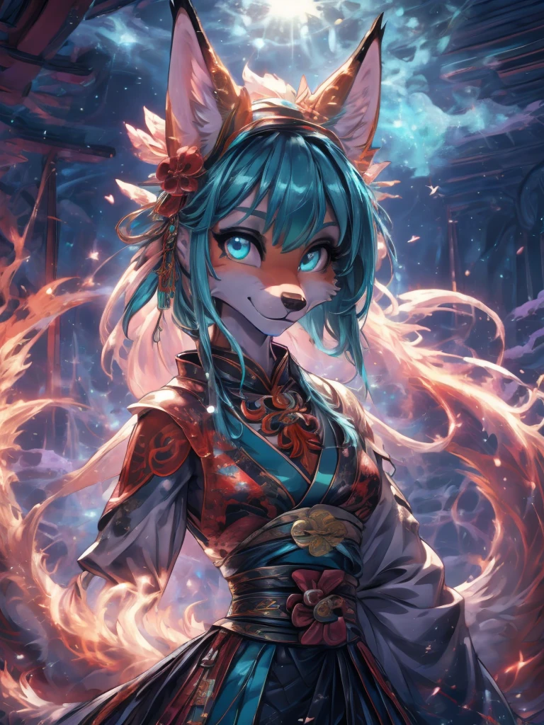Miku Hatsune x vixen high definition add_detail:1, blue fur,kitsune ears, tribal tattoo add_detail:1, pretty girl add_detail:1, feudal priestess clothing add_detail:1, japanese shrine landscape add_detail:1, japanese shrine costume add_detail:1, add_detail:1, full body add_detail, highly detailed face, deep aqua iris add_detail:1, mistical and divine space crature