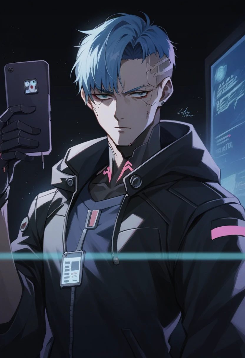 a close up of a person holding a cell phone near a monitor, modern cyberpunk anime, digital cyberpunk anime art, digital cyberpunk anime!!, digital cyberpunk - anime art, trigger anime artstyle, anime cyberpunk, cyber noir, anime cyberpunk art, male anime character, best anime 4k konachan wallpaper, cyber aesthetic, cyberpunk anime art, in a cyber - punk ally,name ALFANDI.