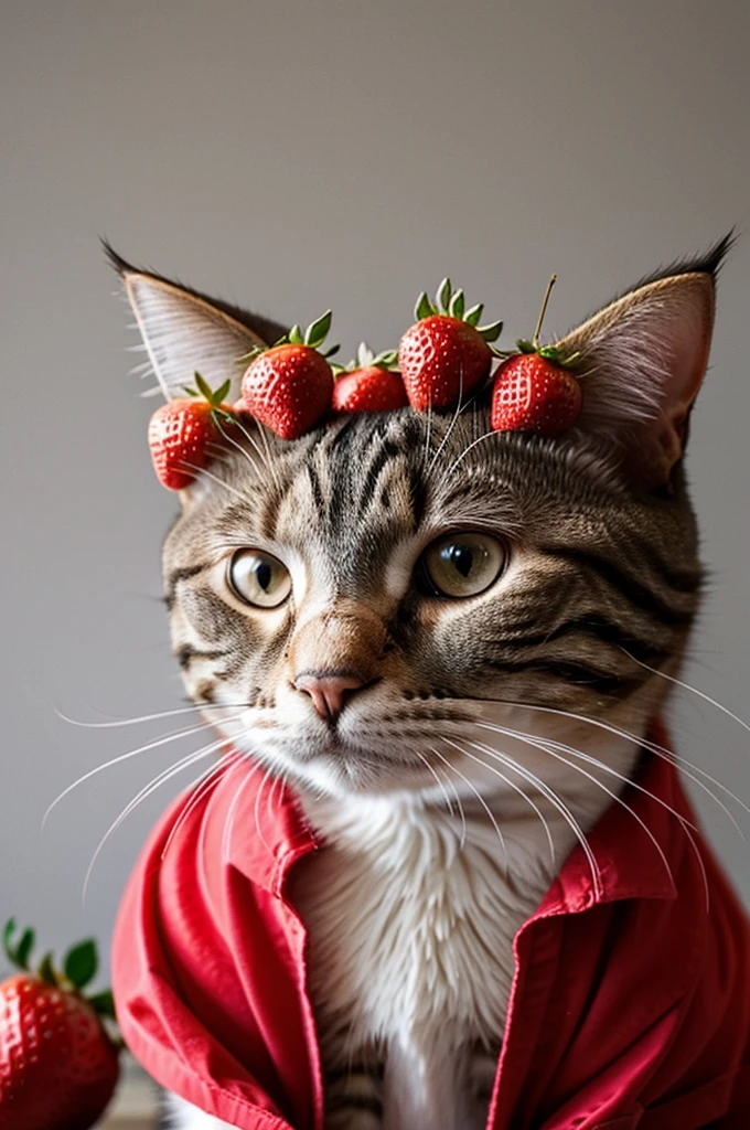 a cat dressed as a strawberry, but literally a strawberry, like, a strawberry with a cat's face.