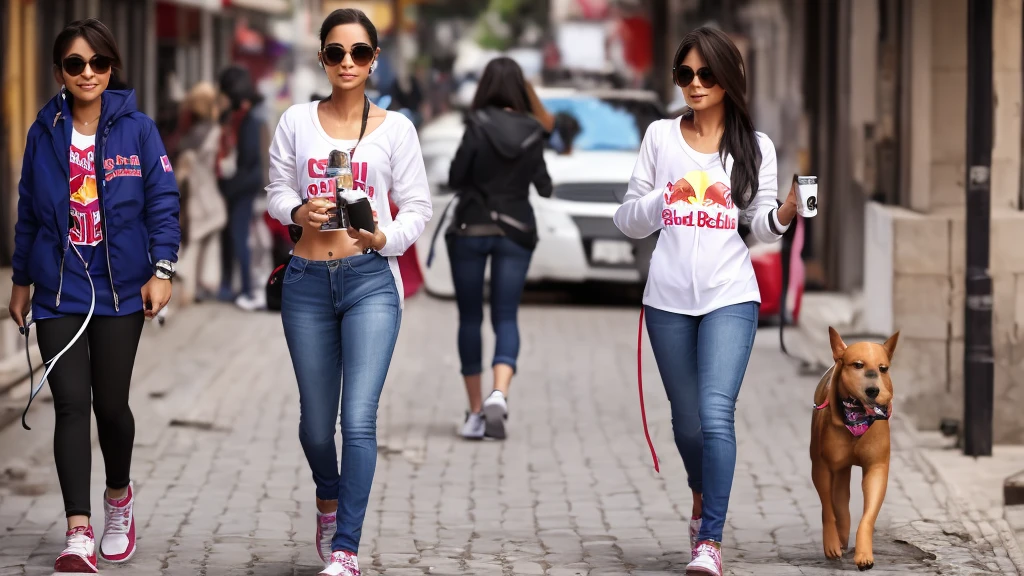 create an image of a dog walking through the streets with a cigarette in its mouth, drinking redbull and looking at girls' butts