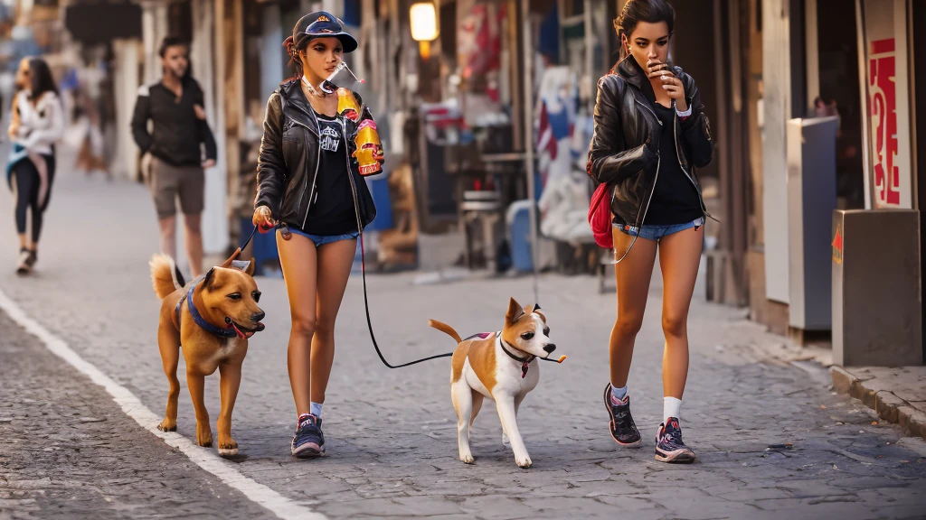 create an image of a dog walking through the streets with a cigarette in its mouth, drinking redbull and looking at girls' butts