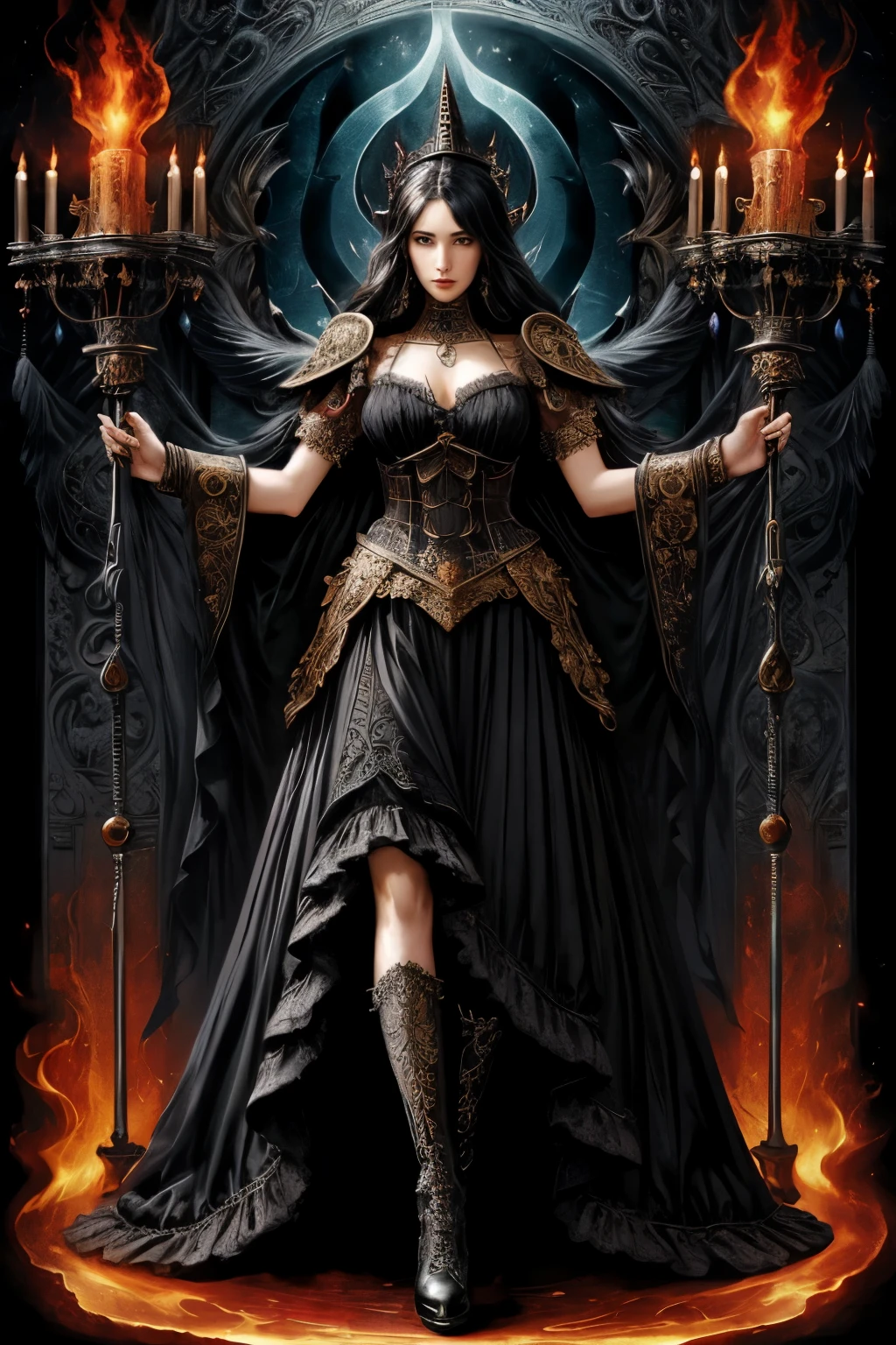 ((Finest quality)),(超A high resolution),(ultra-detailliert),(Meticulous portrayal),((Best Anime)),(Finest works of art),(Ultra-Precision Art),(The art of astounding depiction,Overwhelming depiction:1.5),(intricate and detailed art:1.6), (adult woman:1.5),(Hanging:1.6),Staring at this:1.4,sneering:1.5,(Armor shaped like a skeleton:1.3), (Black Flame:1.5), terrifying, nightmarish, cosmic horror, a heavenly female knight, biblical, very skinny, detailed, best quality, prominent collarbones, skinny arms, flat stomach, visible hip bones, dynamic poses, full body, red and white clothing, occult aesthetic, occult, detailed and intricate steampunk and detailed gothic, Fluttering lace flared long knee length dress with frilly petticoats, knee length dress, pleated petticoats, petticoats gothic, complex lace boots, gothic aesthetic, wielding a mighty sword with mechanical components, mandalas, full body, whole body, body, chains,