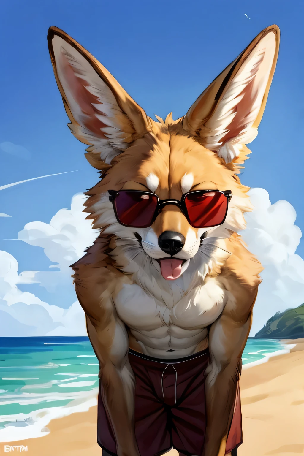 (solo, furry, anthro, hyper realistic, realistic fur), male, front view, muscular body, Fennec, smug, smirk, tongue blep, hand on cheek, head tilted, bending down, wearing (((dark red colored))) boxer shorts, black sunglasses on head, standing upright, legs wide apart, beach, blurred background, by bebebebebe:1.2, by buta99,by foxovh, by ruan jia