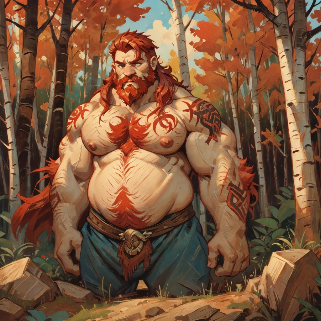 man, Viking, short stature, Age 60 years, strong, thick, big breasts, big belly, Red hair, big red beard, thick body hair, густые Red hair на груди, густые Red hair на животе, густые Red hair на лобке, густые Red hair на яйцах, tattoos on body, very shy, In the woods, birch trees, nature, in a man&#39;s skirt made of deer skins