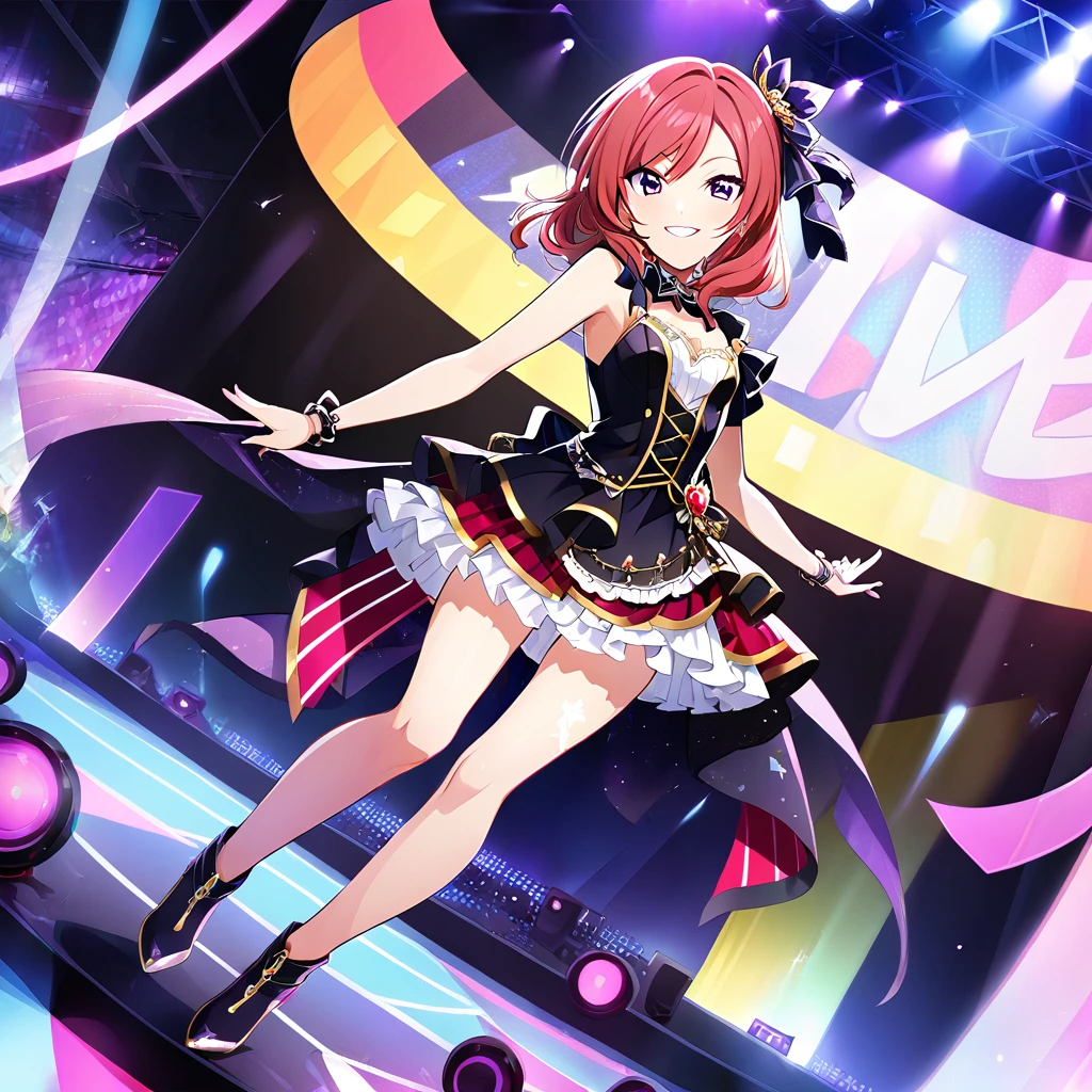 1girl, nishikino maki, purple eyes,Full body drawing, live stage, small Breasts, Formal dress, smile, solo ,id_maki_nishikino,charactor forcus