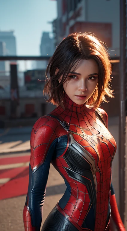 Close-up of Spider-Man in red and white costume, mannequin,sexy body,goddess effect,Colorful vibrant octane rendering, cybernetic and highly detailed, Lova Andrade in Apex Legends, created in unreal engine 5, Made with Unreal Engine 5, Unreal Engine 5 Trends, anfas portrait of a mech warrior, Fantasy style 8K octane rendering, Rendered in Unreal 5, rendered in high octane