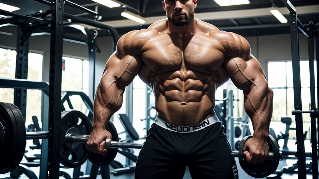 A standing bodybuilder showing his huge thights in a gym ambient