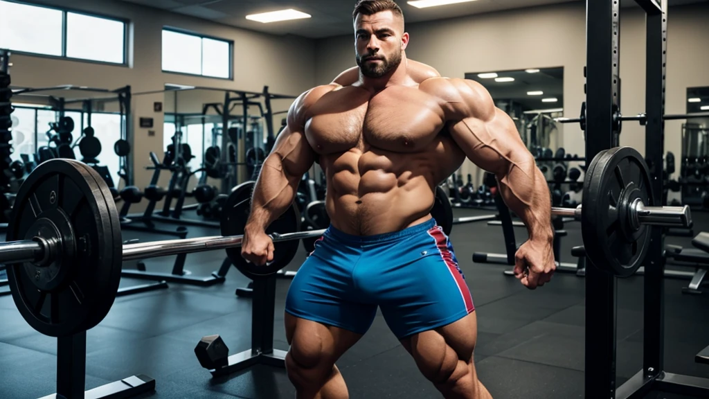 A standing bodybuilder showing his huge thights in a gym ambient