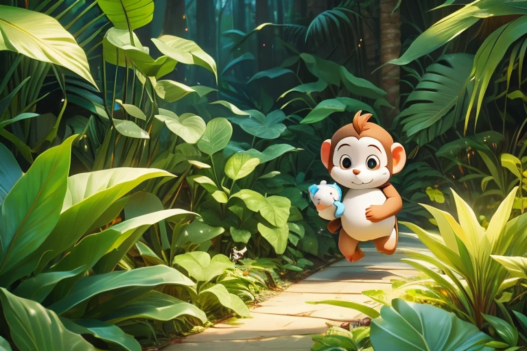 little monkey holding his small white stuffed toy in his hand, in a hurry. tropical forest background