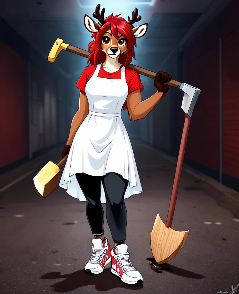 ????, Solo female, messy red hair with black tips, brown eyes, deer horns, brown deer ears, red shirt, white dress, black pants, sneakers, holding an ax