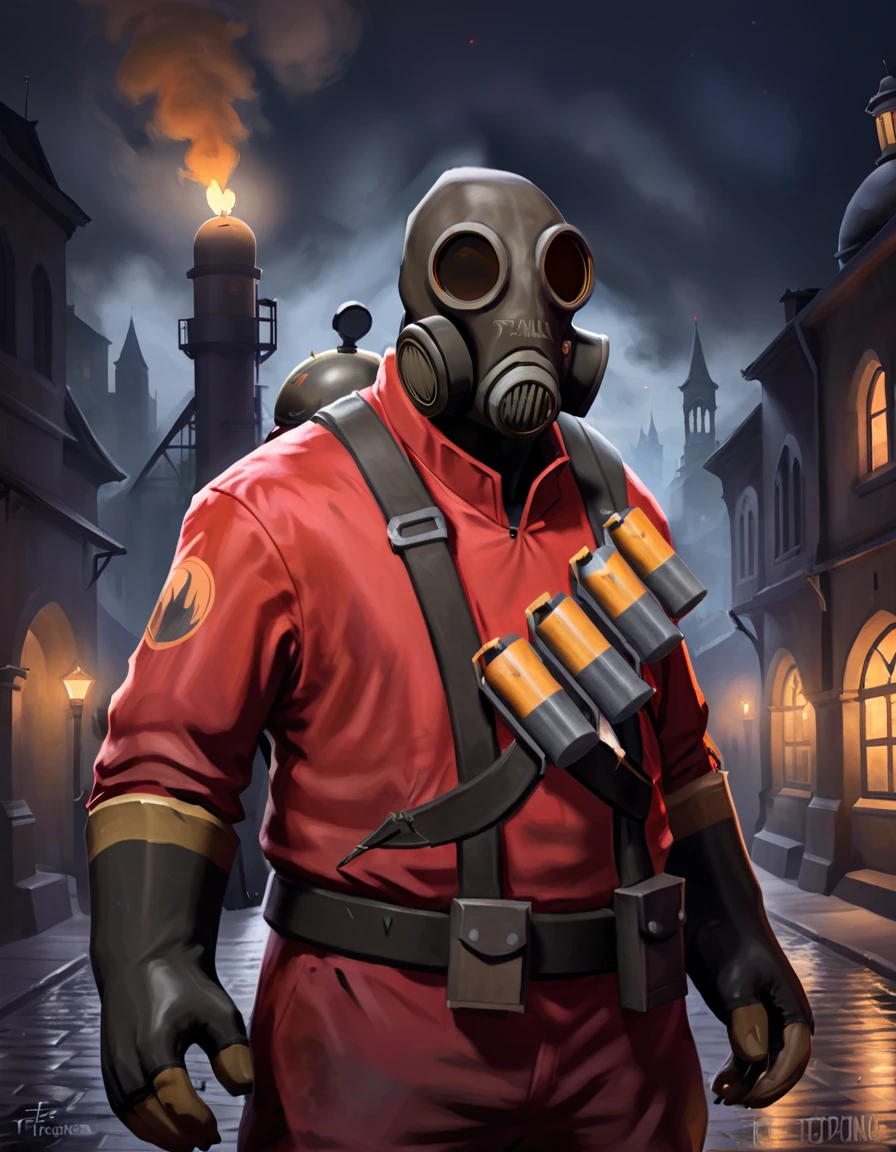 digital painting, portrait, painting of tf2pyro in a gothic city, redteam, red jacket, gas mask, night, 