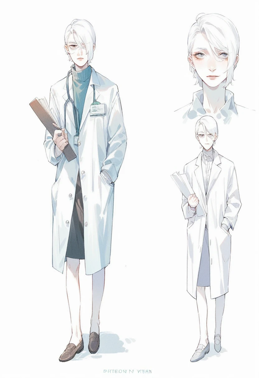Twenty year old woman character with short white hair wearing a lab coat with hand drawn style