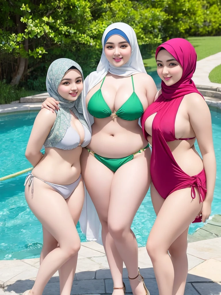 3beautiful women smile,hijab,pakistan,eropan,thick body,curve body,bbw body,shap body,big body,pake bikini,kuning,merah,silver,pingk,ungu,jinga,sedang di kolam renang