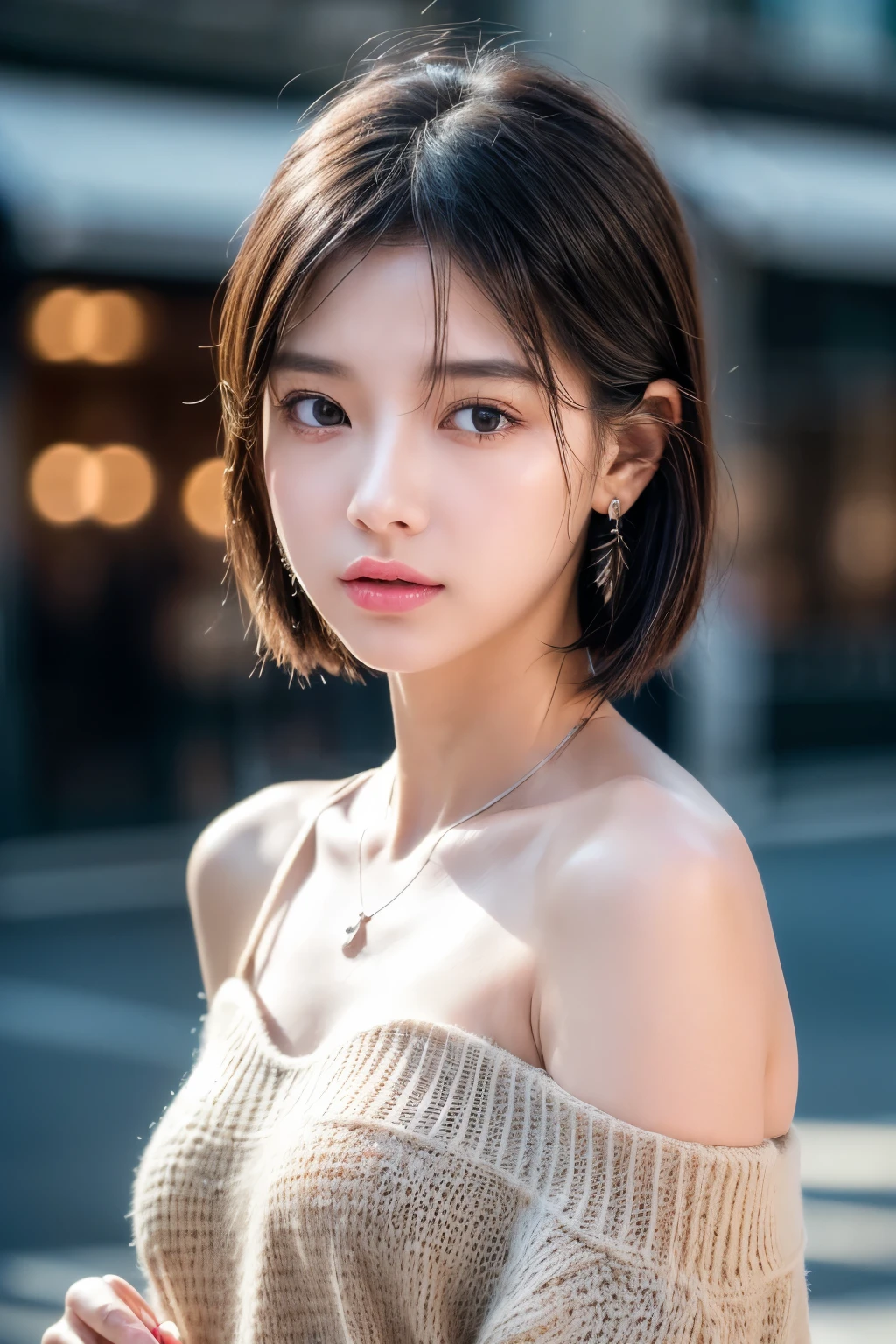 (((actual photography))),, portrait, Beauty，stunning face:1.3),, 1 Girl，Upper Body，beautiful girl, (Necklace，earrings，cell phone:1.1),（Short long hair，Off-shoulder sweater：1.5）, , (眼睛看着cell phone，看着cell phone:1.5), (environmental details:1.3),, (original photo, CG Unity, photography, ultra actual details, sharp focus, Delicate skin,4K, High resolution, masterpiece, best quality, actual, energetic:1.2),, (8K,4K, Ultra high quality, High resolution, professional, Movie般的, Movie, Dramatic),, street