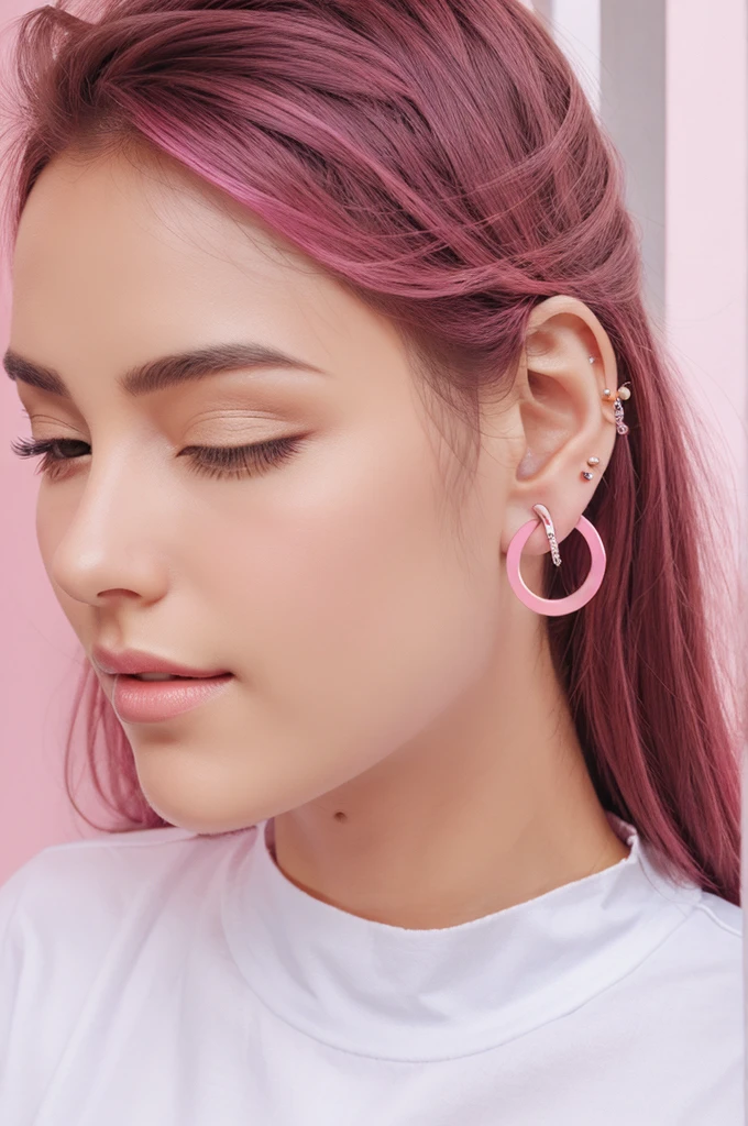 Circle pink colour logo center earings design with white colour logo 
