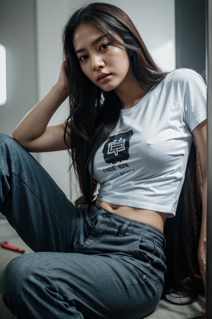 Beautiful asian woman long hair wearing t-shirt and pants sitting tired facial expression realistic ultra cyberpunk effect
