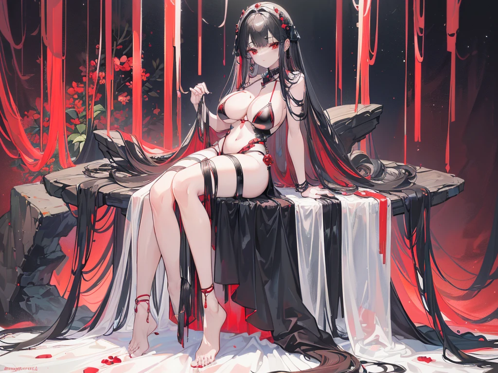 (Exquisite eyes),(Clear and beautiful eyes:1.61),masterpiece, ung girl,(Black clothes and some red gems), Black long hair, (She has a huge red gem on her chest), Good Hand,((The Havoc of StarCraft)),full-body shot,Fighting Stance,(Red Eyes:1.466)，short and small,(Very big breasts:1.35),(Pretty Face),(full-body shot:1.33),Beautiful hands